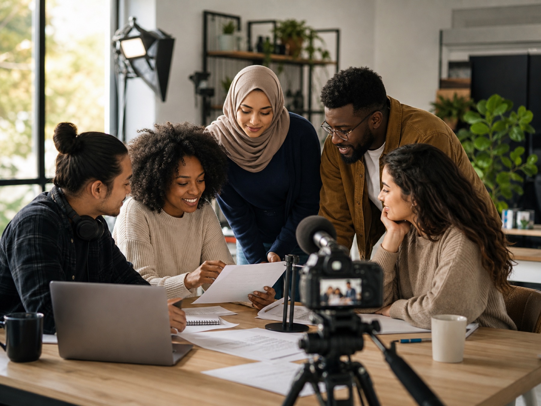 A multicultural team reviewing media and mentorship materials together in a bright workspace