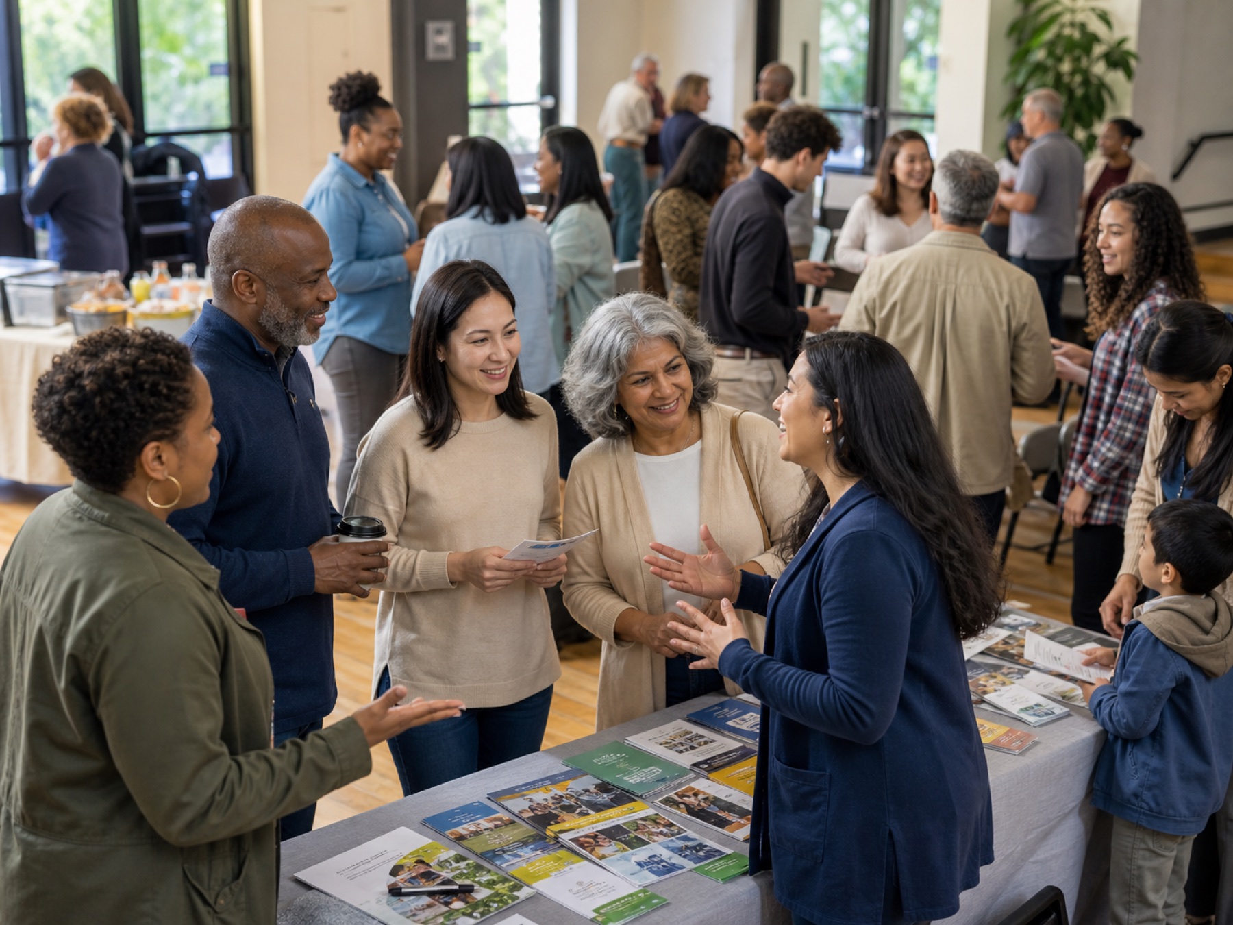 A multicultural community event with people sharing resources and connecting after a workshop