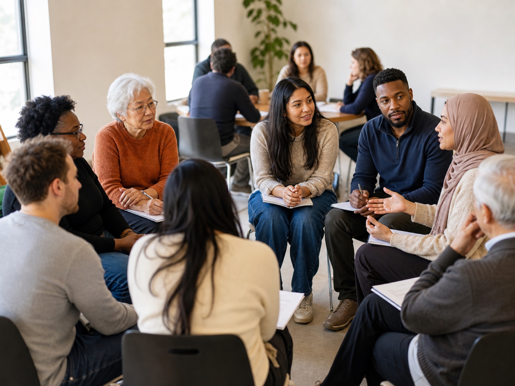 A diverse group of adults from different backgrounds participating in a community workshop discussion