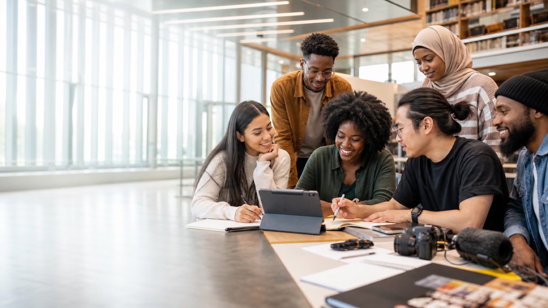 A diverse media and mentorship team reviewing content around a recording setup