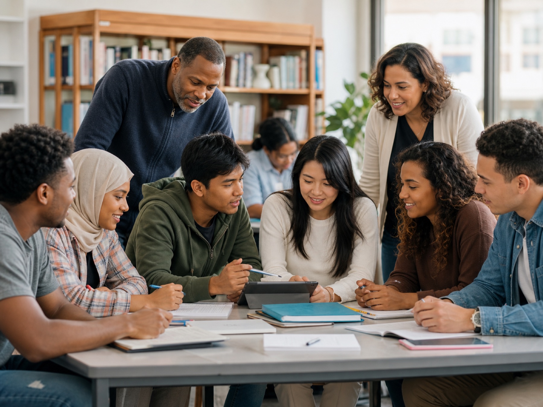 A diverse mentorship group collaborating in a bright learning space